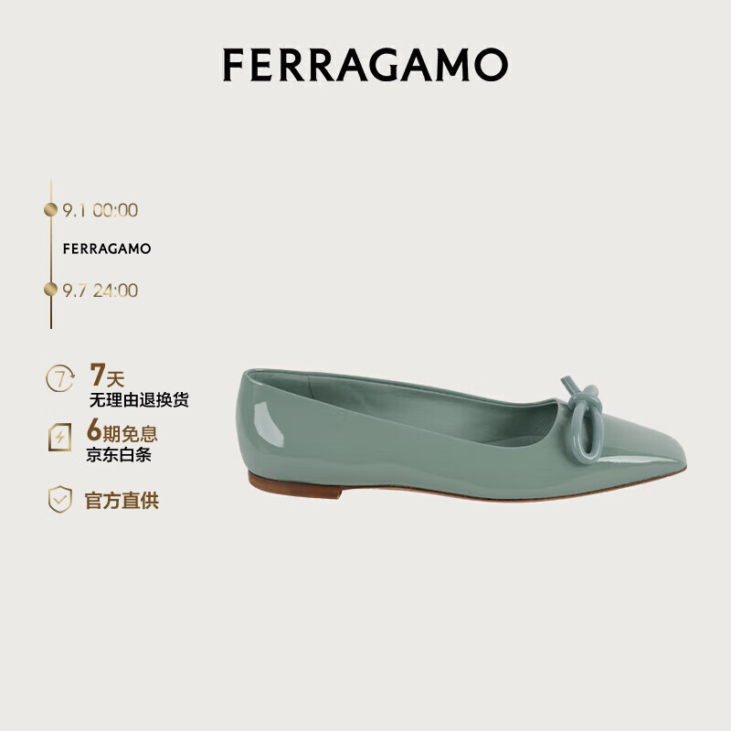 Salvatore Ferragamo 菲拉格慕 Ferragamo）女士浅橄榄绿色不对称蝴蝶结芭蕾舞平底