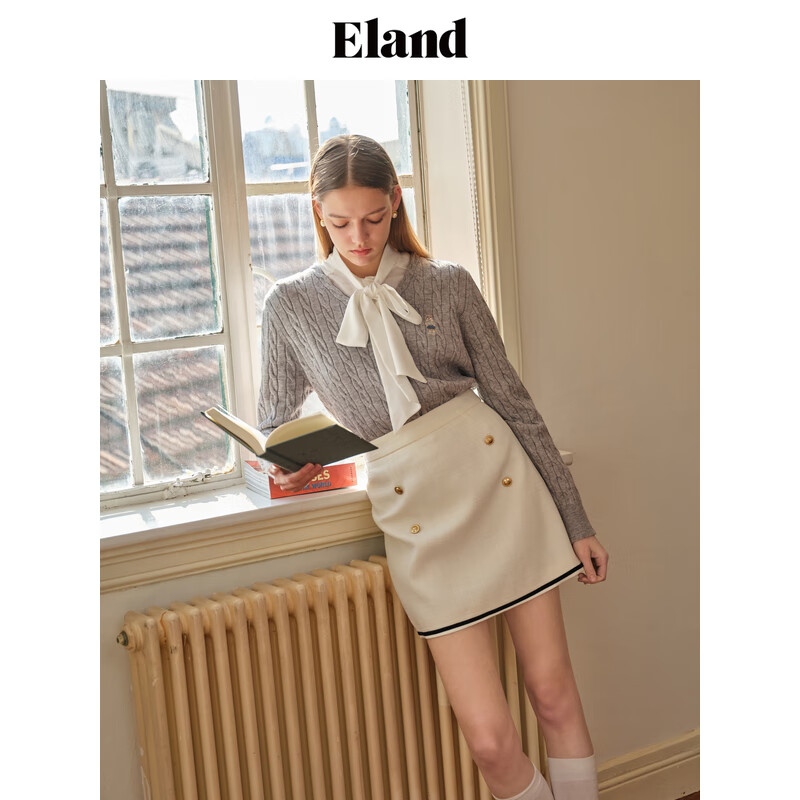 E·LAND 衣恋 ELAND衣恋半身裙女极简风通勤短裙A字裙热裙包臀裙子女 象牙白(39