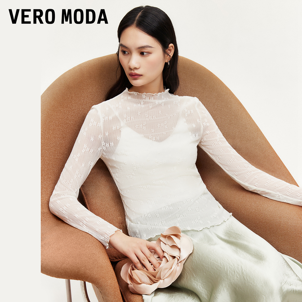 VERO MODA T恤女2024早秋新款蕾丝提花长袖木耳边T恤经典浪漫 143元