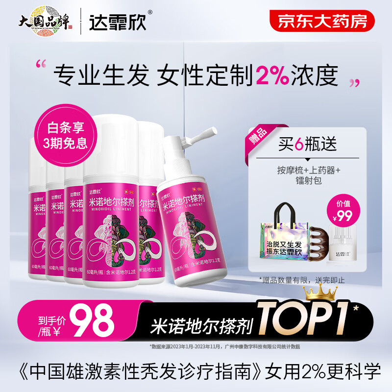 达霏欣 米诺地尔搽剂60ml：1.2g，60ml/瓶*6瓶用于治疗男性型脱发和斑秃 438元