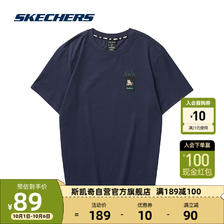 SKECHERS 斯凯奇 Skecher运动T恤情侣款针织短袖衫趣味上衣 海军蓝/00DU XS 89元（
