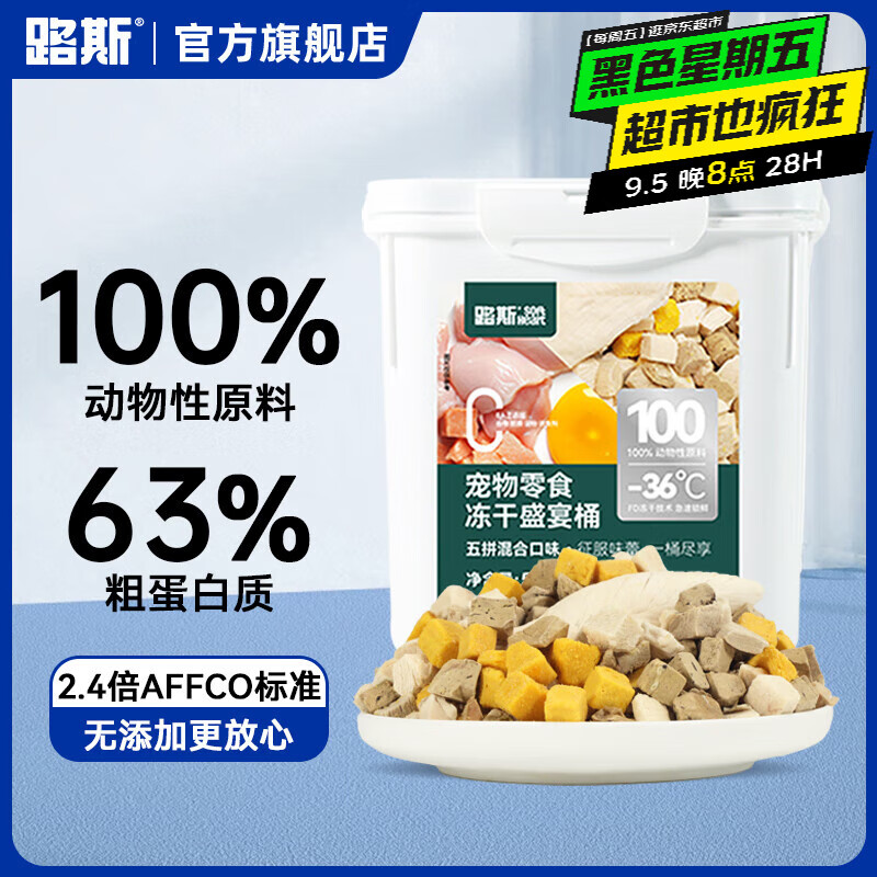 20点开始：LUSCIOUS 路斯 猫零食冻干五拼桶 冻干盛宴桶500g（鸡胸肉鸡肉粒鸭