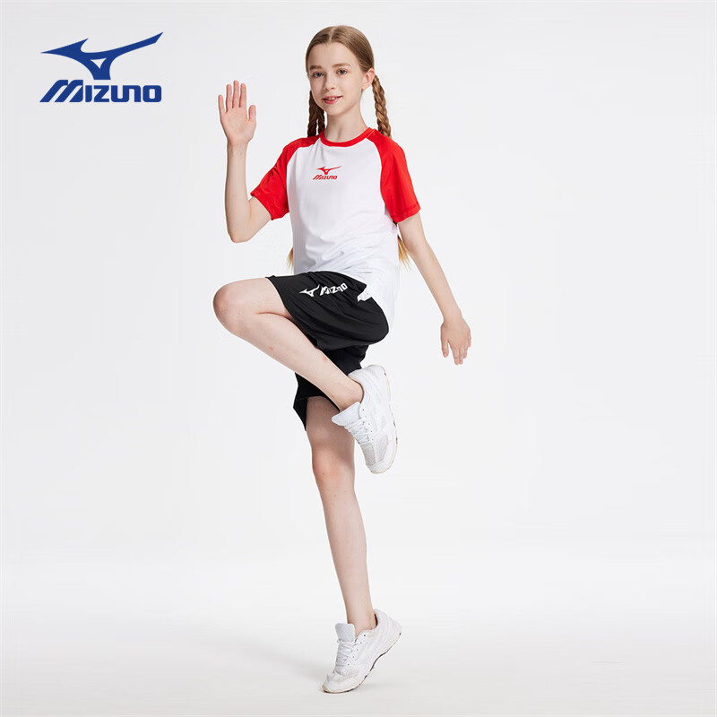 Mizuno 美津浓 儿童运动套装男女同款2024夏季新款运动T恤休闲短裤 红色 170cm(