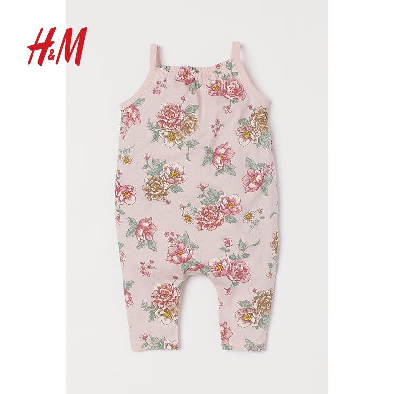 H&M 童装幼童女宝宝连体衣夏季新款棉质印花无袖吊带连身裤 0932432 浅粉红/