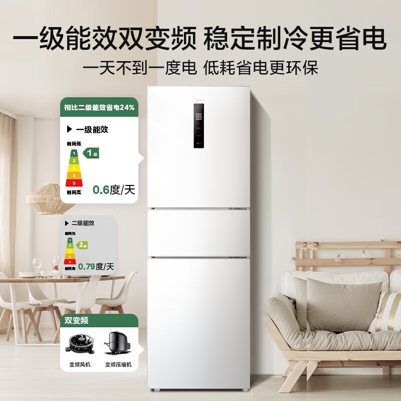 以旧换新补贴、PLUS会员：Midea 美的 MR-251WTPE 三门家用小冰箱 239升 1270.09元包