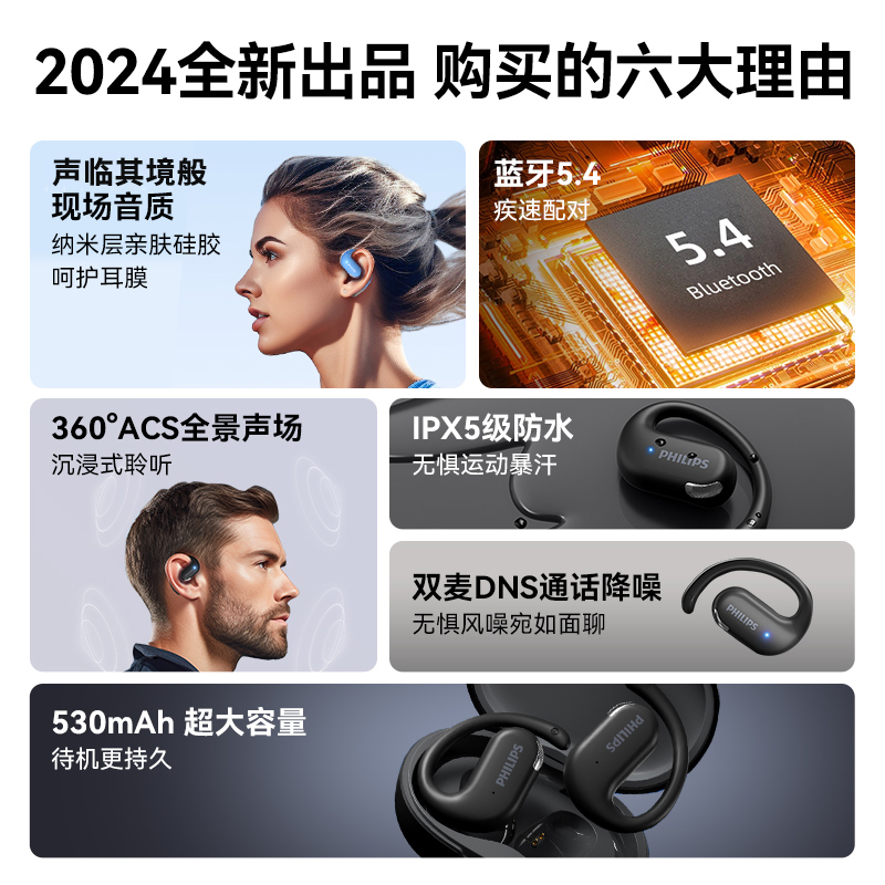 PHILIPS 飞利浦 跑步骑行运动蓝牙耳机2024新款真无线开放不入耳挂耳式2739 149