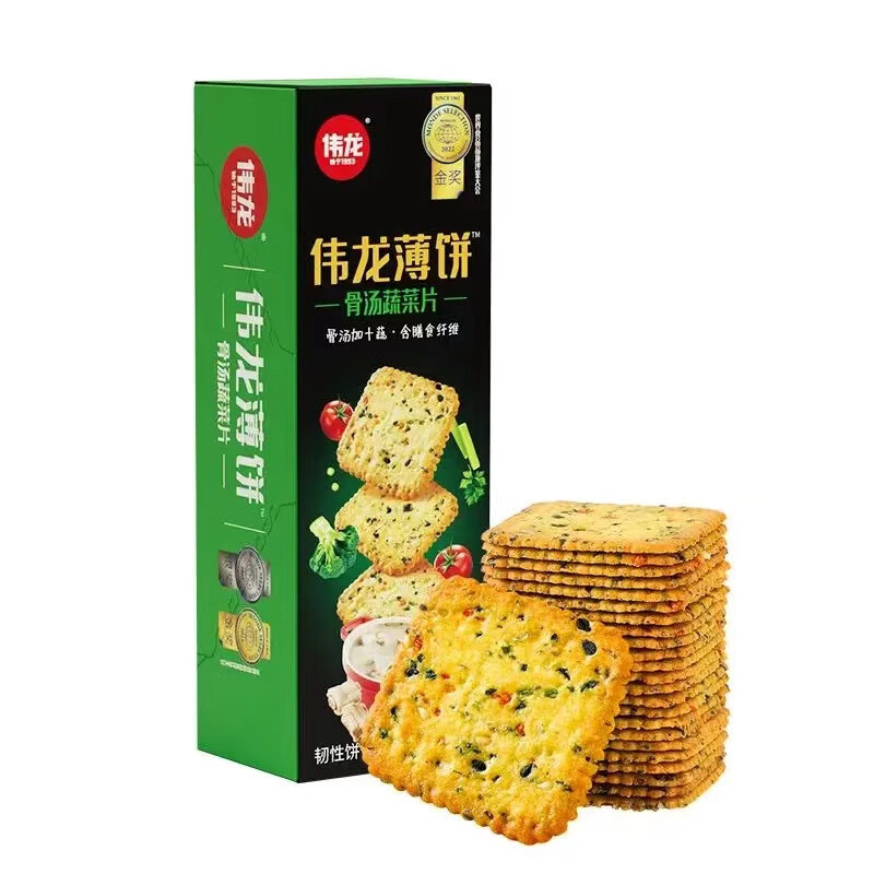 伟龙 经典香葱鸡片 葱香咸味薄脆饼干年货非油炸零食饼干 十蔬骨汤片1盒*2