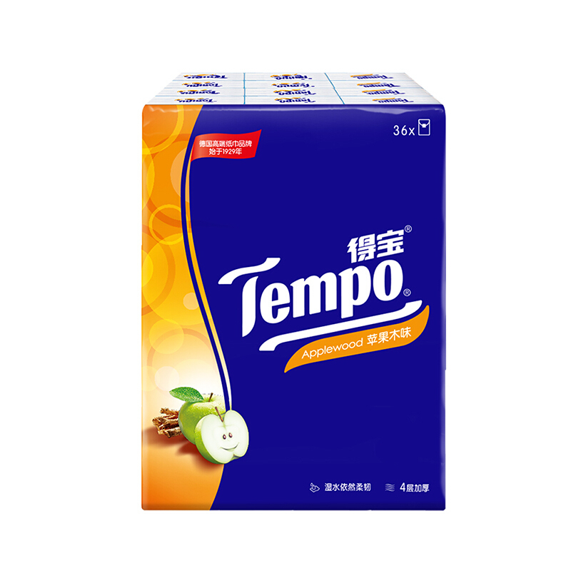 Tempo 得宝 一博同款 手帕纸 苹果木味4层7张*12包 湿水不破 纸巾小包 面巾纸 8