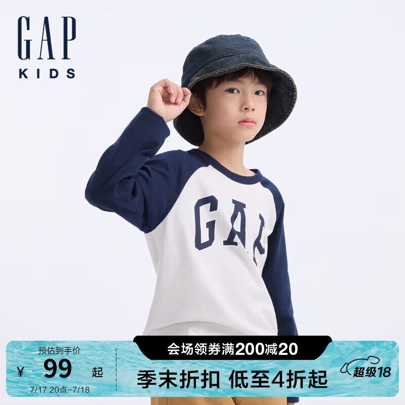 Gap 盖璞 字母印花logo撞色插肩长袖T恤 59.65元（需用券）