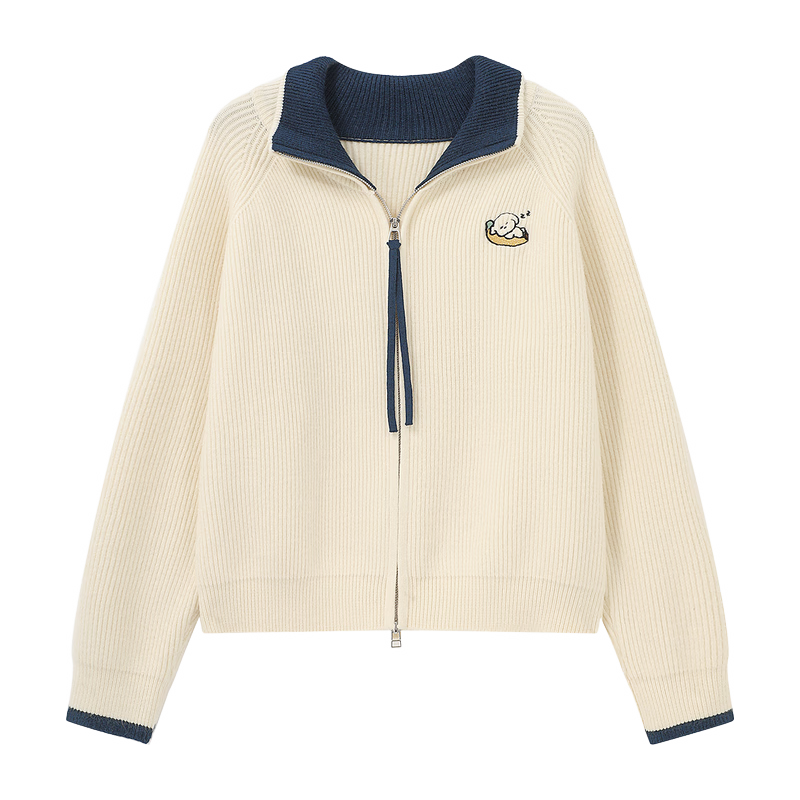 BASIC HOUSE 双拉链翻领卡通刺绣针织开衫女冬通勤减龄毛衣 219.9元（需用券）