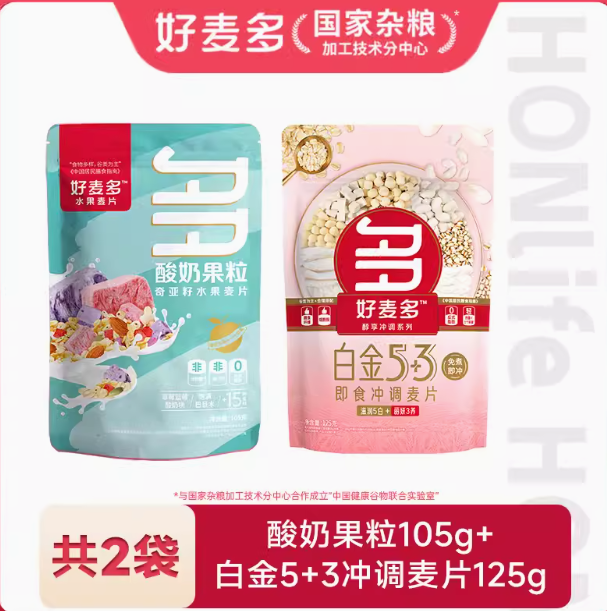 HONlife 好麦多 即食酸奶果粒 105g*1袋+麦片 125g*1袋 ￥19.9