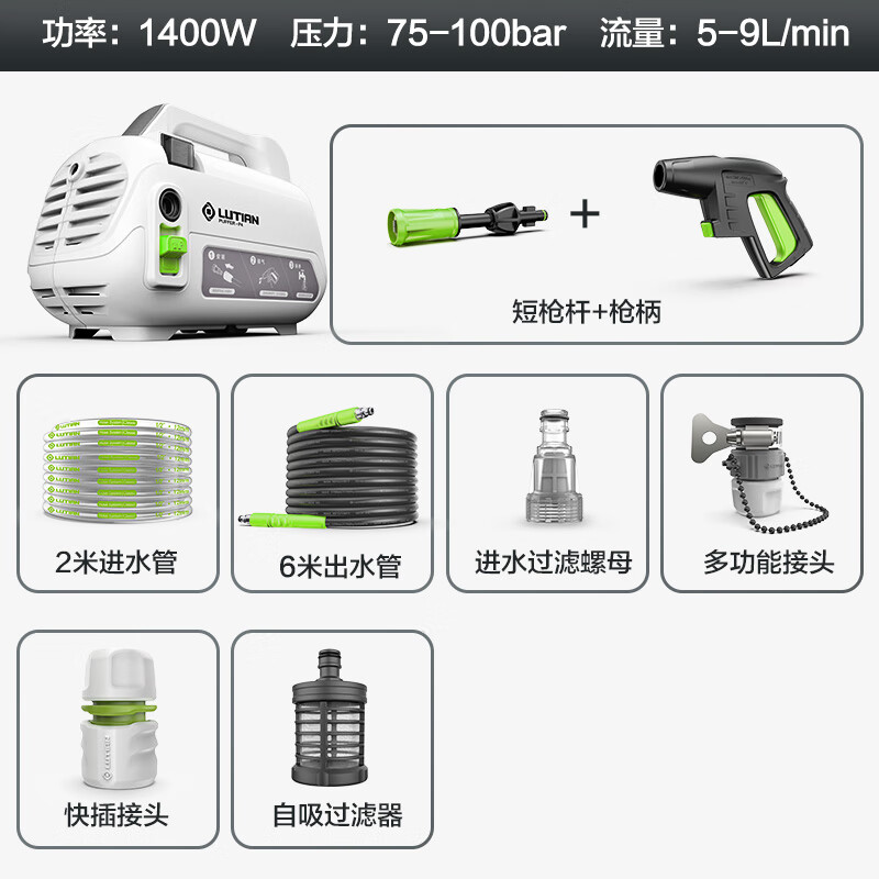 LUTIAN 绿田 河豚 高压洗车机 1400W 基础款-6米出水管+自吸组件 179元（需用券