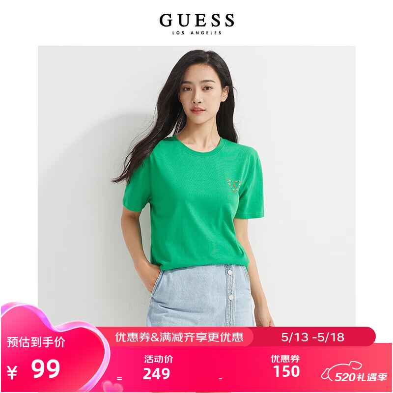 GUESS 盖尔斯 多巴胺穿搭情侣款港风倒三角LOGO短袖T恤体恤衫M2GI78R6O00 G8K2-绿