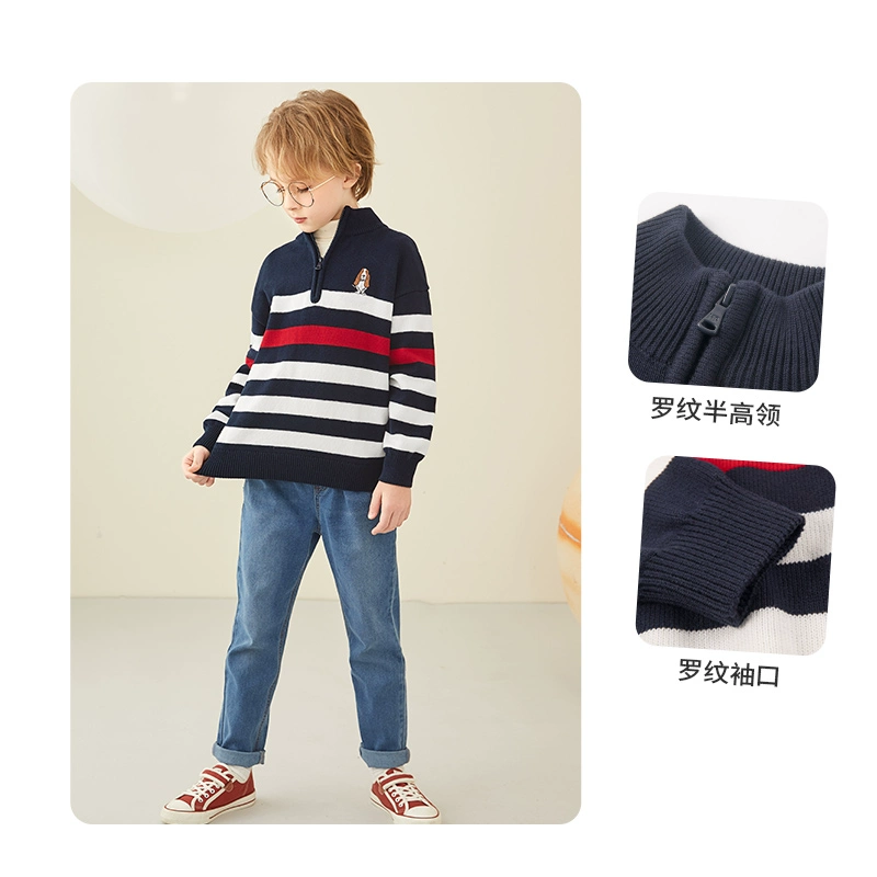 Hush Puppies 暇步士 2023年冬季新款男童纯棉半开领条纹针织衫（110-160cm）3色 114元包邮 买手党-买手聚集的地方