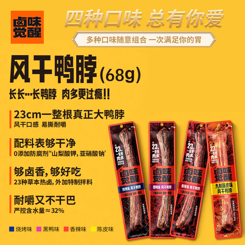 卤味觉醒 风干手撕鸭脖 香辣味68g 4.09元（需买6件，需用券）