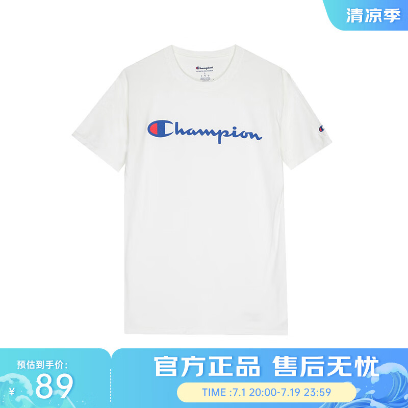 Champion 草写logo纯色圆领男女同款短袖T恤 白色 ￥50.55