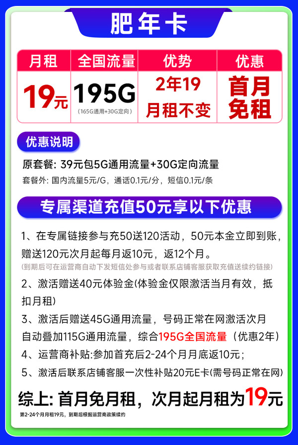 中国电信 肥年卡 2年19元/月（运营商自动返费+次月起195G流量+首月免租）激活送20E卡