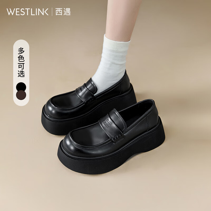 WESTLINK 西遇 松糕乐福鞋女2024新款秋季一脚蹬鞋子配裙子厚底小皮鞋 黑色 36 