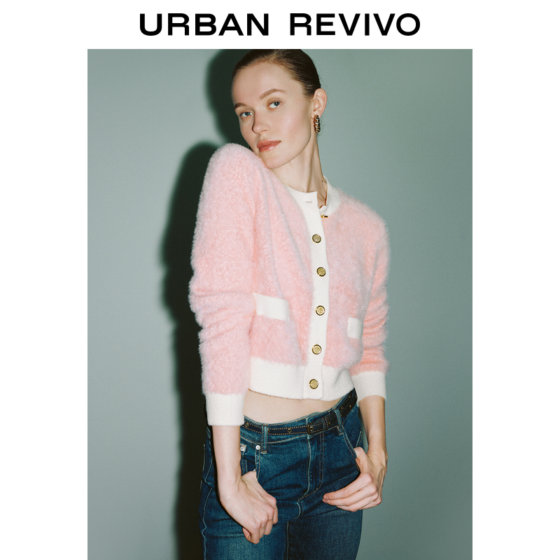 URBAN REVIVO UR2024冬季新款女装轻熟气质雕花纽扣软糯针织开衫UWG930038 189元