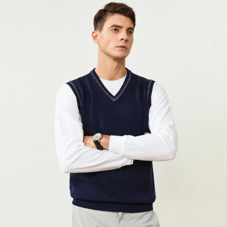 科蒙博卡 纯羊毛双股四平厚款V领撞色保暖无袖背心针织青年羊毛衫线衣马