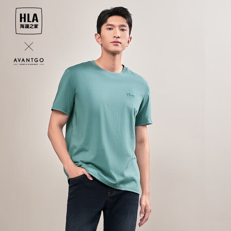 HLA 海澜之家 短袖T恤男24轻商务时尚系列绣花短t男夏季 190/108A(XXXXL) 浅绿（