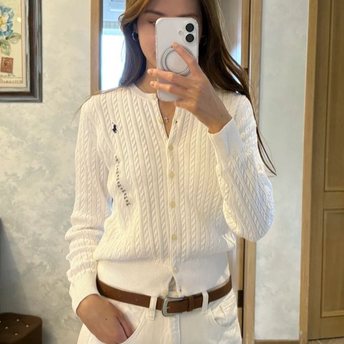 RALPH LAUREN 小马刺绣麻花开衫针织针织衫毛衣圆领复古显瘦上衣外套 433元（