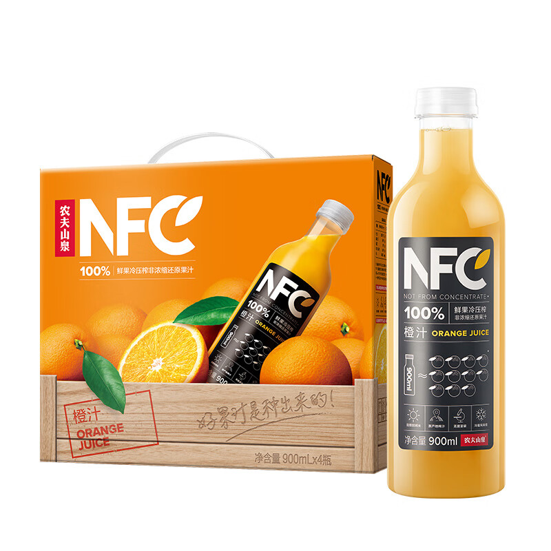 NONGFU SPRING 农夫山泉 NFC果汁 鲜果压榨100%纯果汁 900ml*4橙汁大瓶 礼盒装 51.15