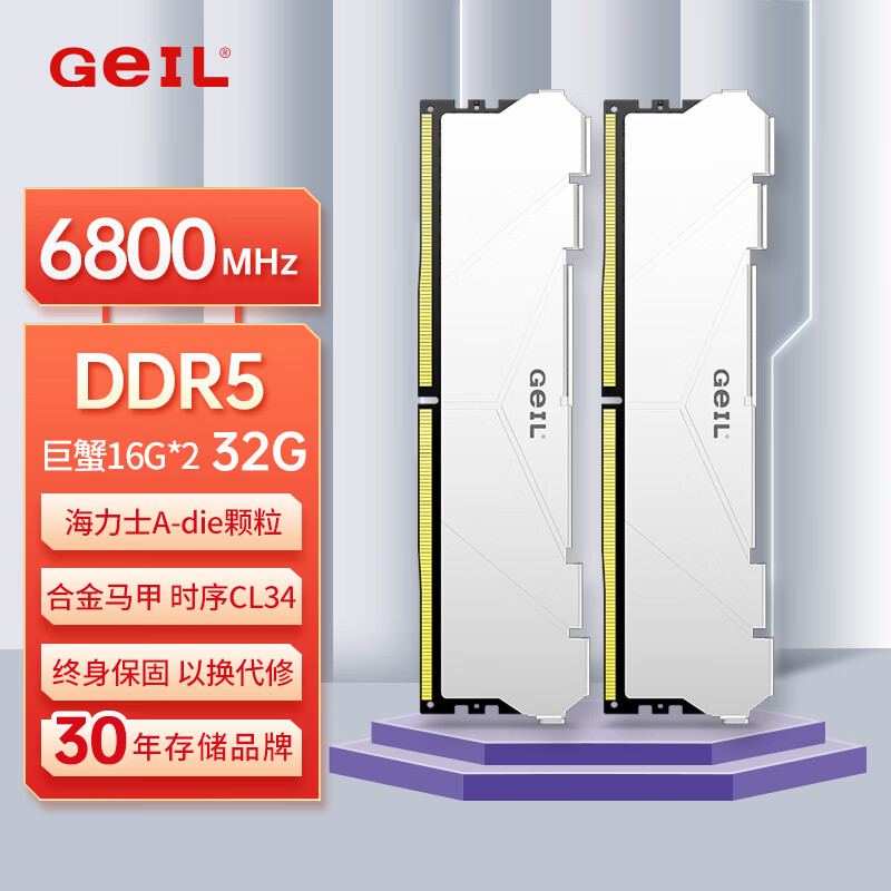 GeIL 金邦 32G(16Gx2)套装 DDR5 6800 台式机电脑内存条 巨蟹马甲条系列白色C34 海