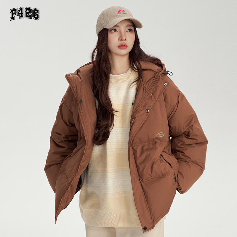 F426 国潮牌情侣嘻哈冬季宽松简约环形LOGO连帽羽绒服 385.63元（需买3件，共11