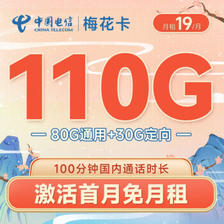 中国电信 梅花卡19元月租（110G全国流量+100分钟通话）激活送30 接听免费 1.5