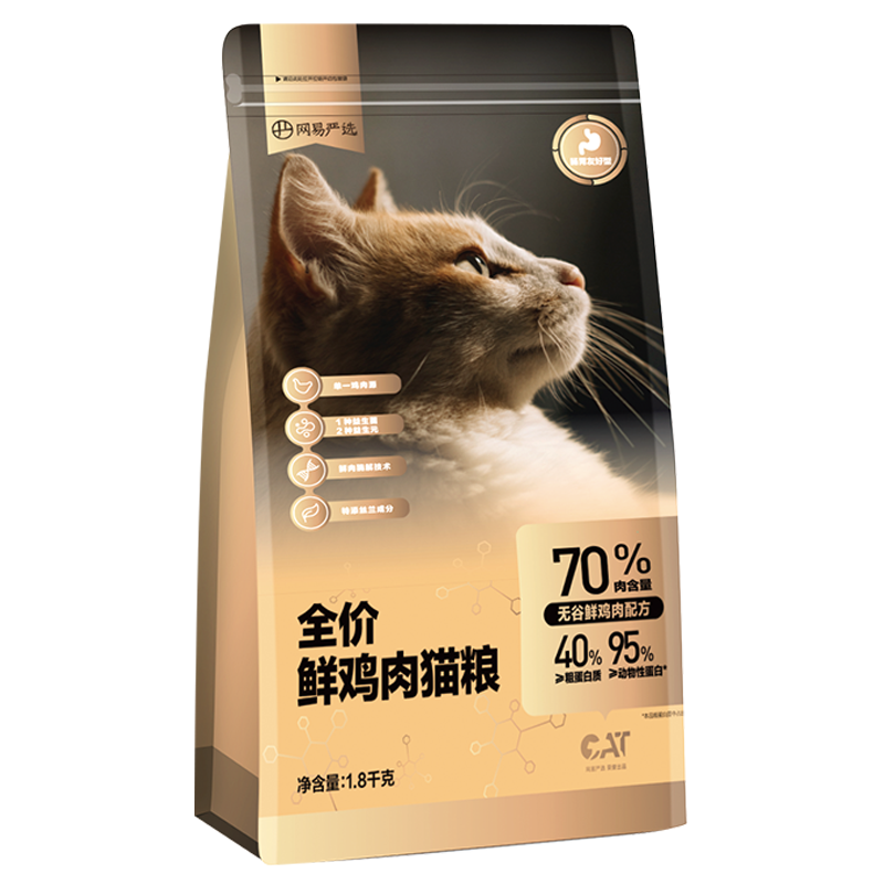 plus会员：网易严选 全价鲜肉猫粮单一鸡肉源 1.8kg 55.8元（需领券）