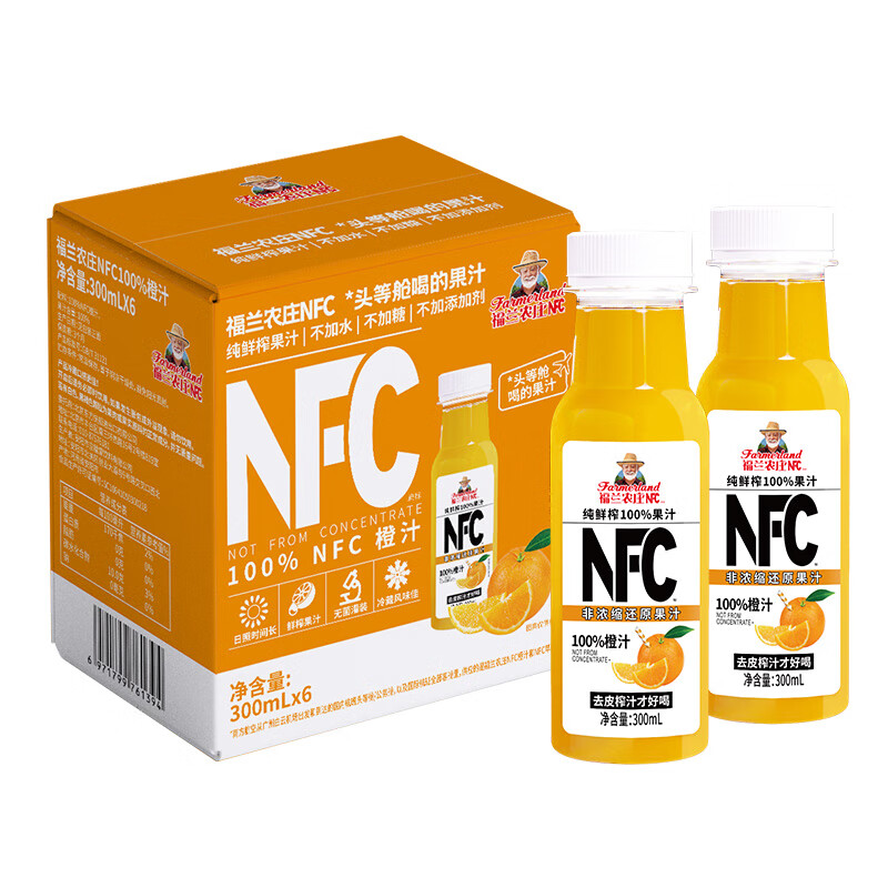 88VIP：Farmerland 福兰农庄 NFC100%橙汁 300ML*6瓶 18.9元包邮（多重优惠）