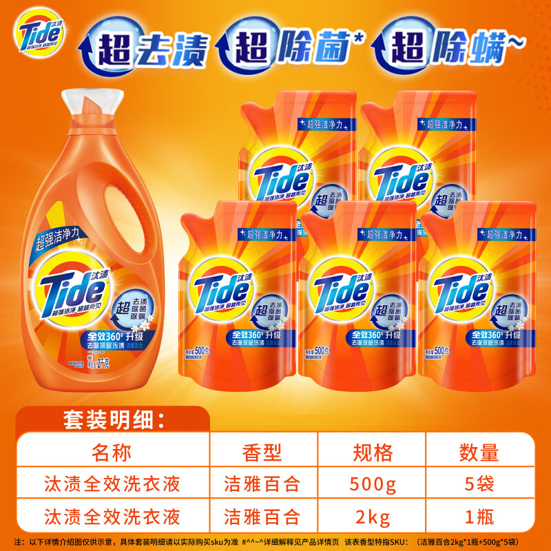 全家衣物洁净如新好帮手：Tide/汰渍 全效360系列 洗衣液 2kg+500g 53.9元（需用