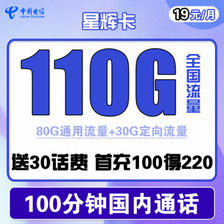 中国电信 星辉卡 19元月租（110G全国流量+100分钟通话）送30话费 1.6元包邮（