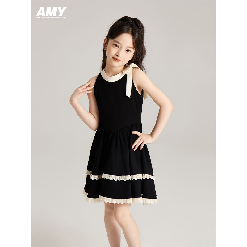 Amybaby女童连衣裙2024新款夏季复古宫廷风拼接蕾丝法式a字裙 69元