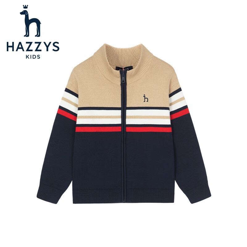 HAZZYS 哈吉斯 品牌童装男童开衫线衣春中大童小立领英伦风撞条开衫线衣 藏