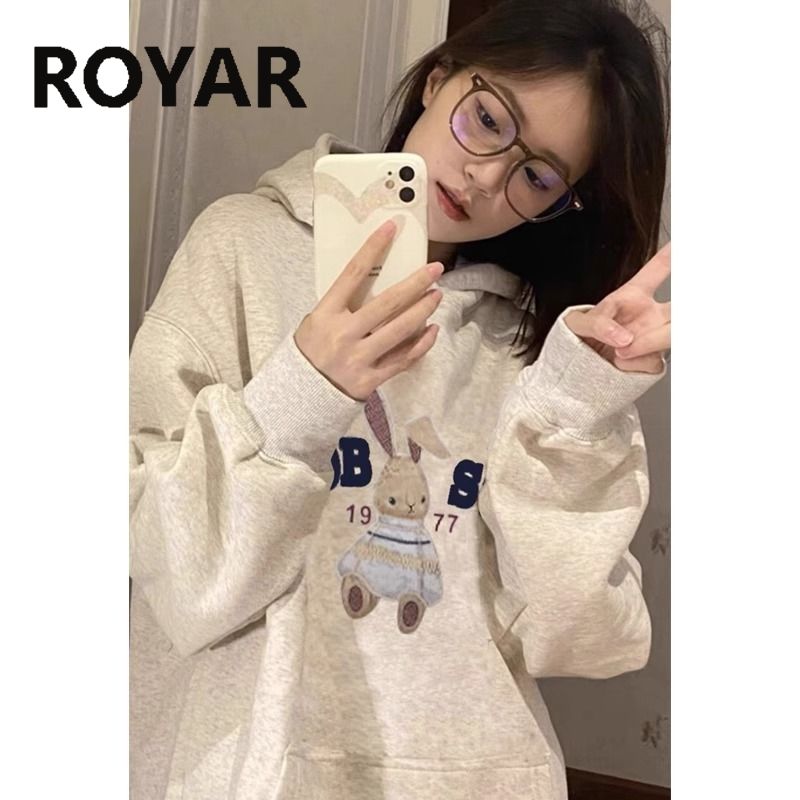 Royar 鹿皇羊 美式复古加绒百搭上衣港潮设计秋冬加厚宽松连帽卫衣外套女 30