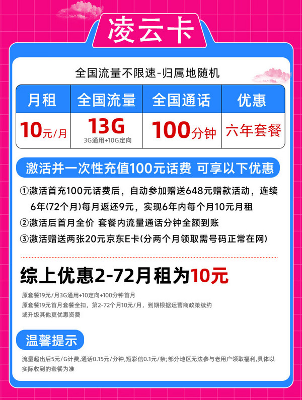 China unicom 中国联通 凌云卡-13G全国流量+100分钟+6年10元月租 （激活赠送40E卡）