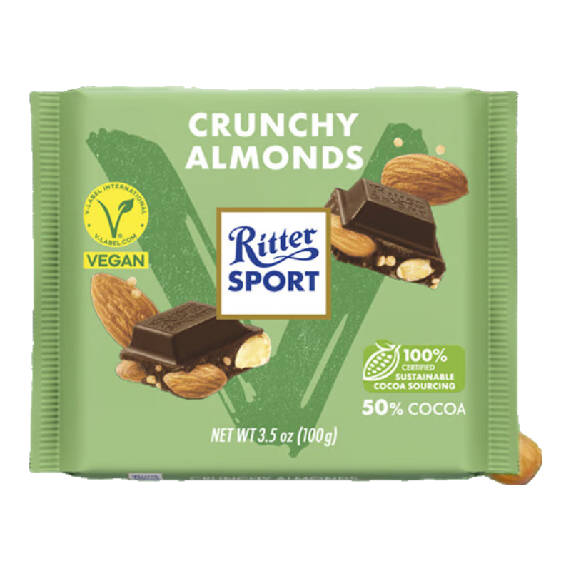 限地区：Ritter Sport 瑞特斯波德 植萃爽 脆扁桃仁夹心黑巧克力 100g 8.02元 包