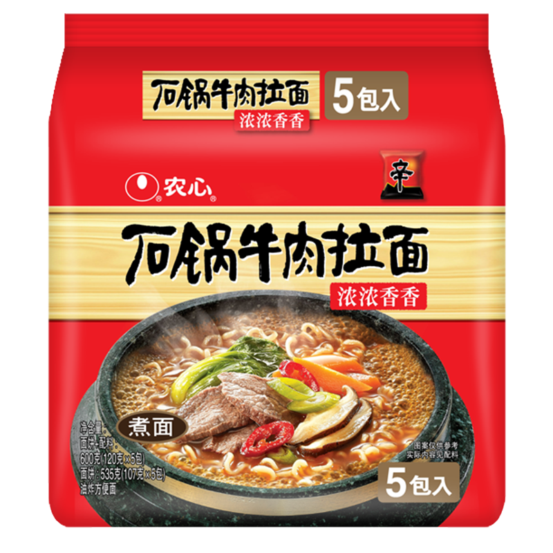 plus会员：农心 石锅牛肉拉面 袋面五连包 120g*5包*8件 89.6元合11.2元/件