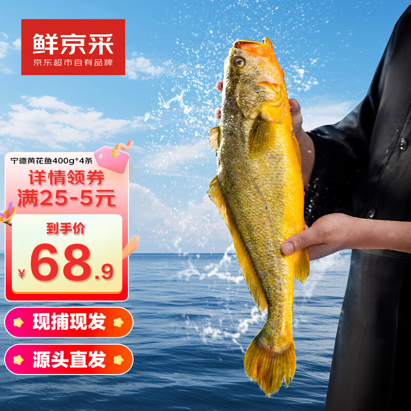 鲜京采 冰鲜黄鱼400g*4条(净重1.6kg) 宁德特产 地标源头直发 68.16元（需用券）