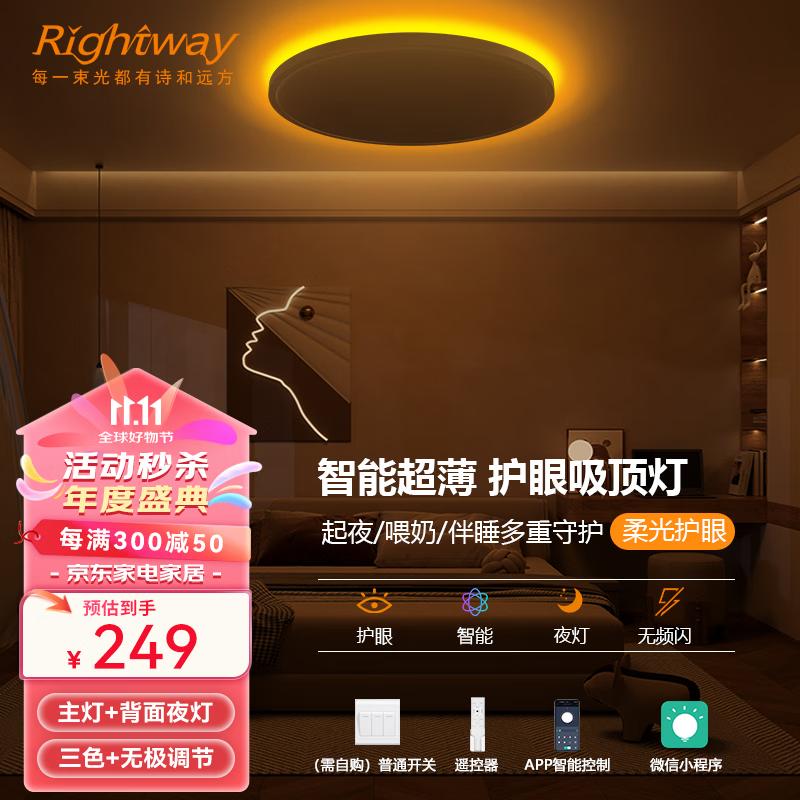 RIGHTWAY 护眼吸顶灯led卧室灯客厅灯儿童房超薄智能护眼灯现代简约灯具 299元