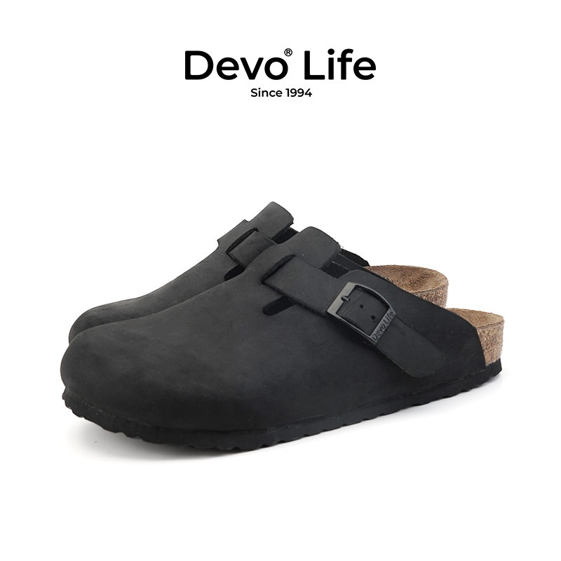 Devo 的沃 Life的沃软木鞋男女同款 休闲拖鞋半包 黑色油蜡牛皮 202.26元（需用