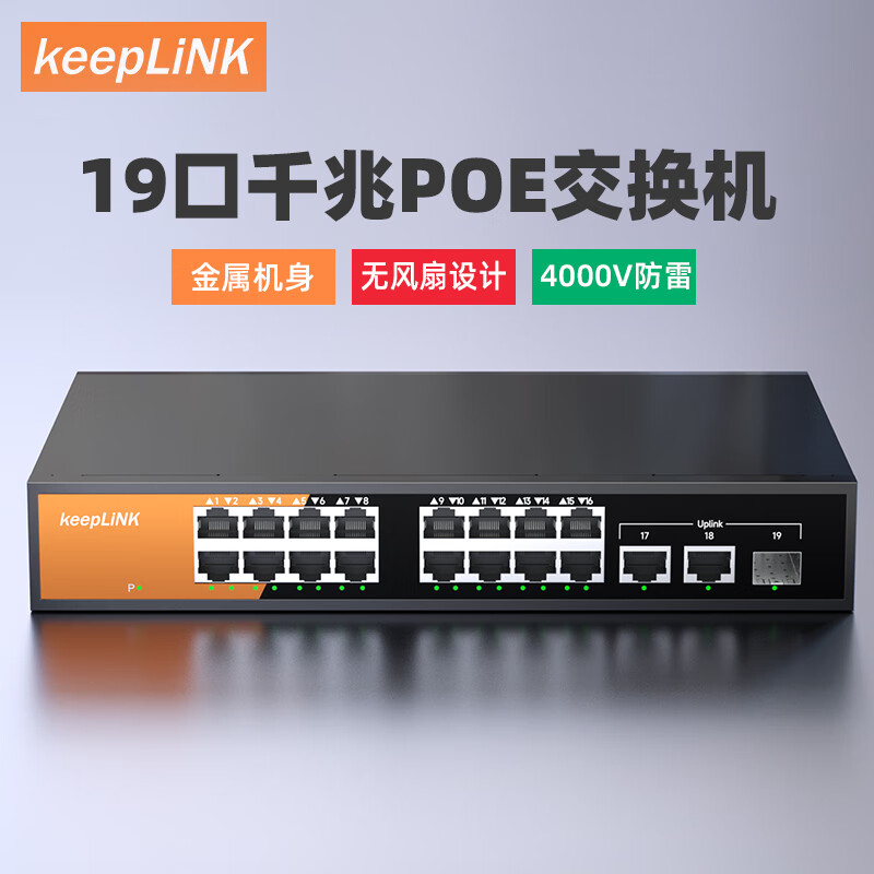 keepLINK 19GP-S/MAC 全千兆16口POE交换机+2千兆级联+1千兆SFP监控摄像头分离器交