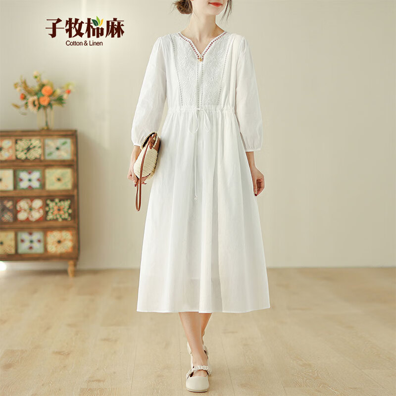 PLUS会员：子牧棉麻 女韩版刺绣纯棉连衣裙 9142 白色 98.16元包邮（需用券，