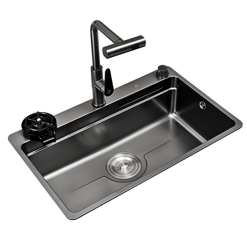京东京造 厨房水槽大单槽洗菜盆一体盆黑金刚304不锈钢飞雨抽拉龙头洗杯器