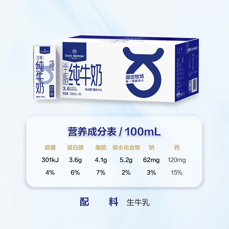 微信端：1号会员店（OM） 3.6g蛋白纯牛奶 200ml*30盒 家庭量贩 88.8元包邮、合44