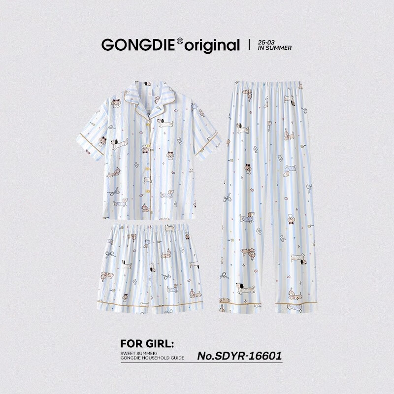 宫蝶 腊肠狗睡衣女三件套夏季短袖长裤可外穿卡通家居服 腊肠狗三件套（