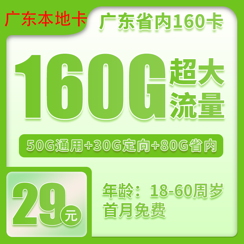 中国移动 广东本地卡 首年/2年29元/月（160G流量+首月免月租+收货地归属地）