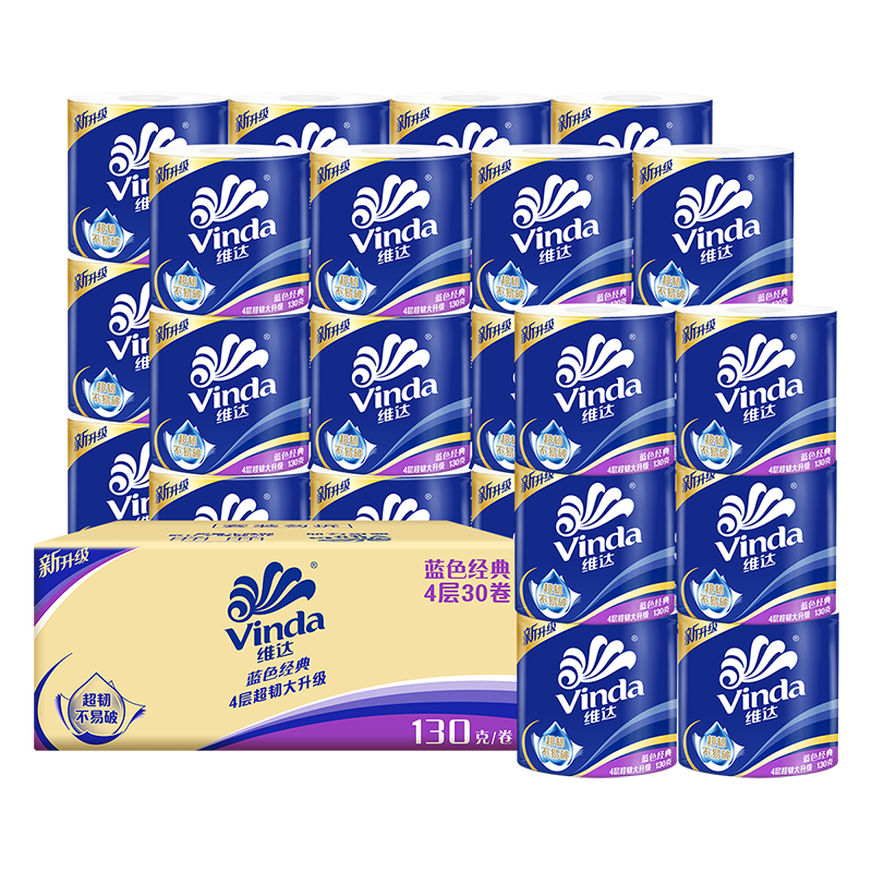 维达 蓝色经典卷纸 4层130g/卷*30卷*3箱 家用卫生纸巾 114元(需领券，合38元/件